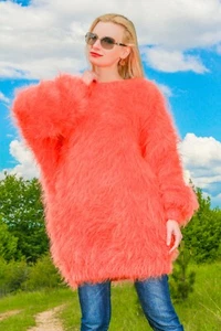 Orange red fuzzy mohair sweater oversized dress fluffy fashion tunic SuperTanya - Picture 1 of 8