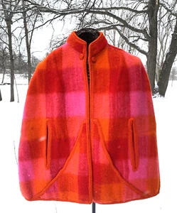 Vintage 1960s Plaid Wool Pink Orange Shawl Cape Coat Jacket Handmade GORGEOUS! - Picture 1 of 9