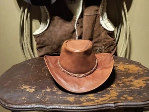 Vintage Genuine Leather Western Fedora Hat W/Hatband Woven Size S Wool Inner - Picture 1 of 14