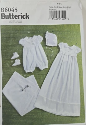 Butterick B6045 Pattern Baby Christening Dress Hat Booties Romper Sz Nbn-XLg - Image 1 of 4