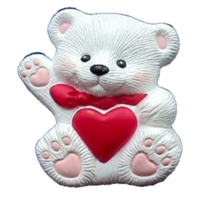 Hallmark PIN Valentines Vintage BEAR HEART White WAVING Teddy 1995 Brooch - Picture 1 of 2