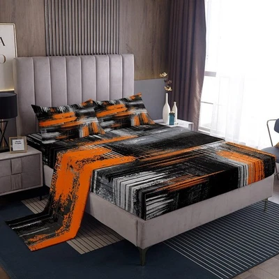 Abstract Orange and Black Sheets with Deep Pocket Fitted Queen, Abstract Graf... - Image 1 of 4