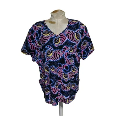 Disney Cheshire Cat Scrub Top Halloween Spider Web Multicolor Womens 3XL plus sz - Image 1 of 4