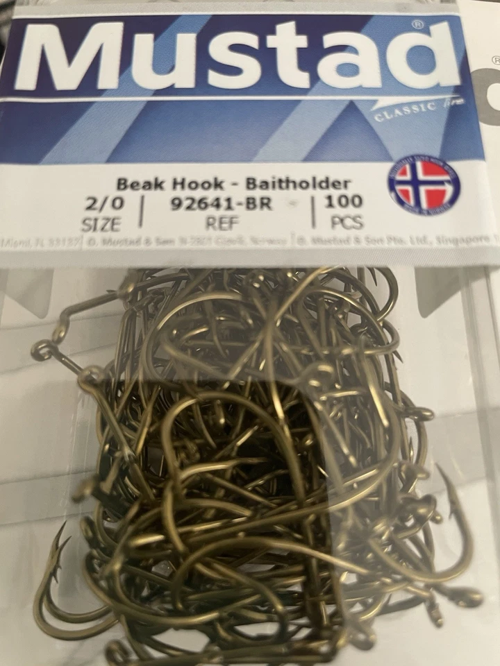 Vintage Mustad 5/0 Forged Beak Hook Turned Down Eye 2 Barbed Shank 92641 Norway