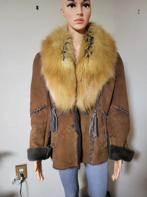 Designer Damselle NY Shearling Lamb Fur  Coat And Red Fox Collar Size M - Image 1 of 4