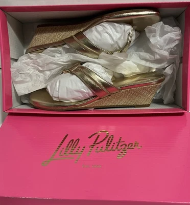 NEW Lilly Pulitzer McKim Wedge Gold Metallic 962 Leather Thong Sandals 7M - Image 1 of 4