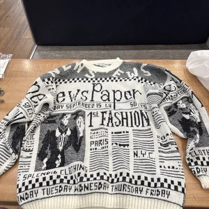 Vintage 80s Adele Boho Newspaper All Over Print Acrylic Knit Sweater One Size - Picture 1 of 6