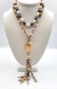 Natural Stone Filled Bead Tassel Necklace Quartz Freshwater Pearl Faceted AB - Picture 1 of 17