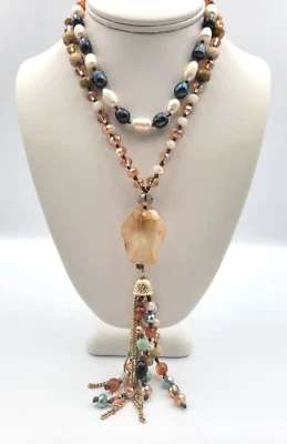 Natural Stone Filled Bead Tassel Necklace Quartz Freshwater Pearl Faceted AB - Image 1 of 4