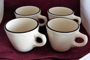 FOUR SYRACUSE CHINA Restaurant Coffee Cups w Scalloped Edge Black Trim USA 12 C - Picture 1 of 4