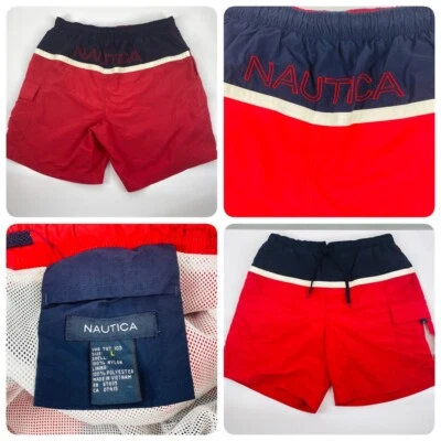 Bermuda de natação masculina Nautica tamanho G vermelha azul branca 100% náilon soletrada  - Imagem 1 de 4