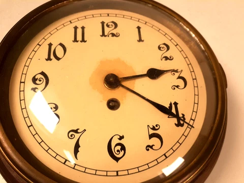 Antique German Art Deco Round Walnut Wall Clock, 7" Dia. Running Cover