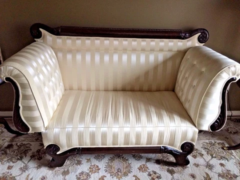 Antique Sofa Rare Chaise w/Intricate Wood Carvings Circa 1880's Damask Fabric Cover