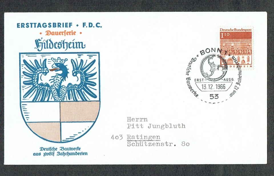 1966 GERMANY FDC. 12th CENTURY SMALL BUILDINGS. HILDESHEIM. BONN PMK. VERY FINE. - Image 1 of 1