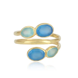 Dainty & Minimalist 4 Oval Aqua and Blue Chalcedony Ring 3 Band Spiral Band Ring - Picture 1 of 7