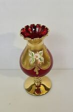 Cranberry Bohemian Glass Gold Gilded Enameled Flowers Vase Ruffled Rim EUC
