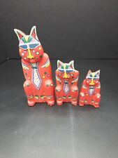 Vintage Unique Laurel Burch Trio Of Handpainted Wooden Cool Cat Figures