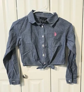 US Polo Shirt Assn Blue Chambray Denim Button Down Shirt w/Tie Youth Girls SZ 8 - Picture 1 of 5