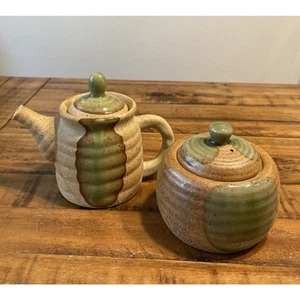 Vintage Pottery Sugar & Creamer Server Set Brown Glaze w/ Green Drip. Mint! - Picture 1 of 24