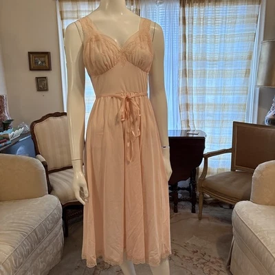 Vtg Van Raolte Pink Long Lingerie Nightie Nightgown Feminine Lace Ties Sz 34 - Image 1 of 4