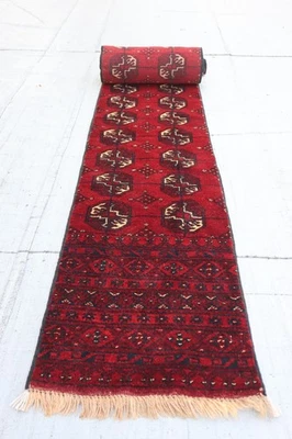1'2x9'7 ft Afghan Bukhara Runner rug, Red Hand-made Narrow Runner Rug 36x300 cm - Image 1 of 4