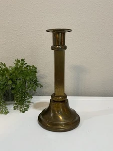 Vtg MCM Patina Solid Brass Column Round Taper Dinner Candlestick Candle Holder￼ - Picture 1 of 7