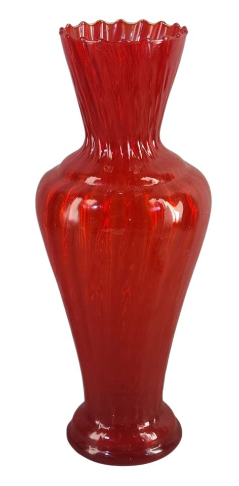Vintage Mid-Century Modern Italian Red Opaline Ruffled Top Art Glass Vase 16'' - Image 1 of 4