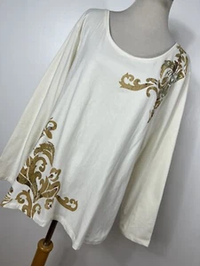 Coldwater Creek 1X Shirt Top Cream Gold Scoop Neck Long Sleeve Stretch Womens Y3 - Picture 1 of 6