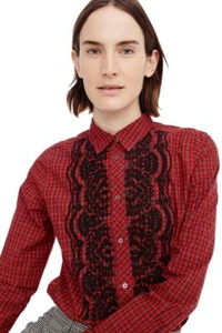 J.Crew Boy Shirt Womens 6 Petite Red Black Embellished Plaid Button Down Holiday - Picture 1 of 12