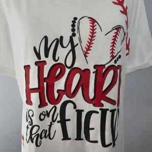 women MY HEART is on that FIELD white SHIRT tee BASEBALL cuffed MOM size LARGE - Picture 1 of 11