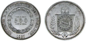 Brazil 1867 500 Reis Silver 91.7% AU - Picture 1 of 1