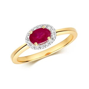 9ct Yellow Gold Oval Ruby Gemstone and Diamond Cluster Ring, Sizes J to Q (911) - Picture 1 of 1