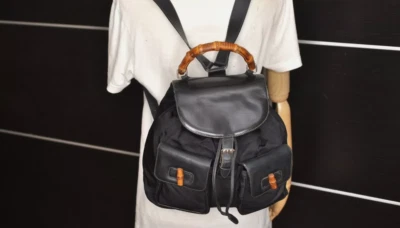Auténtica Mochila GUCCI Vintage Bambú con Cordón Backsac Nylon Cuero Negra Foto 1 de 4