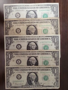 🇺🇸 USA Federal Reserve 1 Dollar 1963B FR-1902 Barr (assortment of 5) 092022-8 - Picture 1 of 5