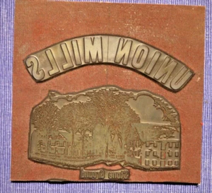 Vintage Printing Letterpress Rubber Block Cut. UNION MILLS. 4 X 4 1/2.  2092 - Picture 1 of 1