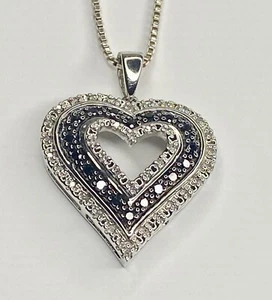 Vintage Sterling Silver Black & White Diamond Cluster Heart Pendant 18" Necklace - Picture 1 of 17