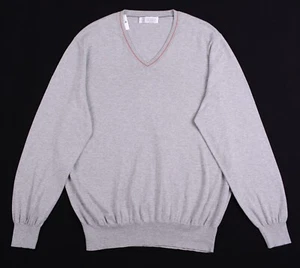 Brunello Cucinelli ITALY Gray 100% Cotton Lightweight V-Neck Pullover Sweater 46 - Picture 1 of 9