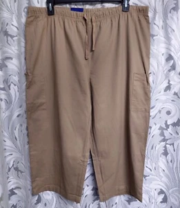 1X BASIC EDITIONS TAN 100% COTTON WOVEN ELASTIC DRAW WAIST CAPRI CARGO PANTS NEW - Picture 1 of 5