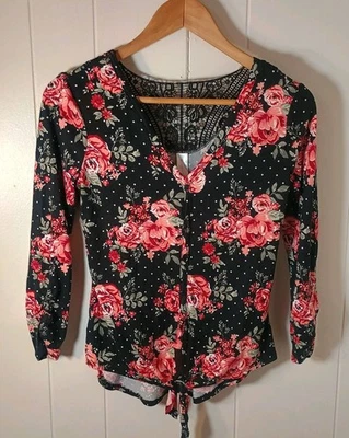 No Boundaries Floral Rose Lace Black Pink Polka Dots Long Sleeve Coquette XS (1) - Image 1 of 4