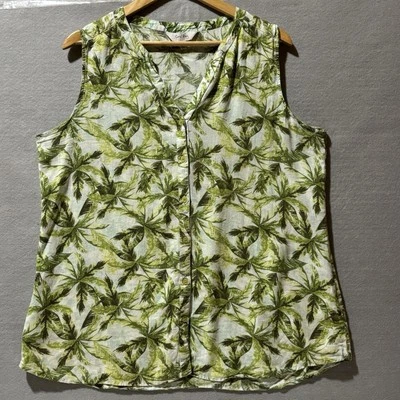 Blusa CORAL BAY Para Mujer L Verde Hoja Tropical Vacay Resort Islander Lino Top Foto 1 de 4