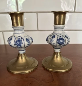 Vintage Set Of Jehvani Brass Delft Blue and White Porcelain Taper Candle Holders - Picture 1 of 8