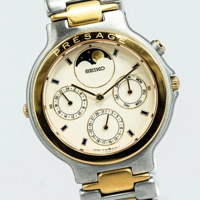 *NEAR MINT* Vintage 1990 SEIKO Presage Moonphase 7F38-6040 Quartz Gold 35mm Mens - Image 1 of 4