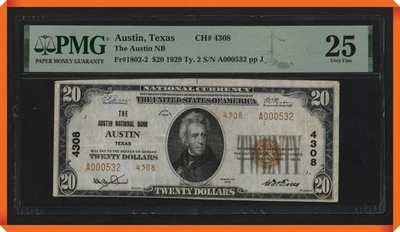 KC- Fr.1802-2 1929 $20 NB Austin , TX #4308 - VF 25 PMG - Image 1 of 3