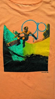 Vintage 80s OP Ocean Pacific Single Stitch XL Skate Surf T-Shirt Salmon Neon - Image 1 of 4