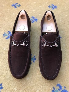 Gucci Loafers Shoes Suede Brown Silver Horsebit Buckle Mens US 11 UK 10.5 44.5 - Picture 1 of 12