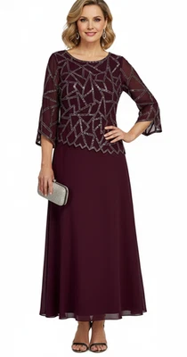 Vestido de noche JKARA para mujer talla 6 vino gasa lentejuelas cuentas manga 3/4 nuevo con etiquetas Foto 1 de 4