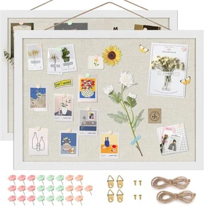 2pk Linen Cork Board/Bulletin Boards 16.7"x11" w/ Frame 25 Pushpins, White - Picture 1 of 7