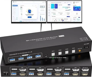 Dual Monitor HDMI+DP KVM Switch 4 Computers 2 Monitors 8K@60Hz 4K@120Hz 4 Port K - Afbeelding 1 van 6