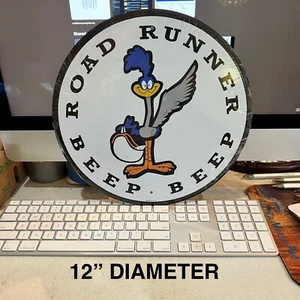 ONE ROAD RUNNER BEEP BEEP TIN METAL SIGN 12" DIAMETER CIRCULAR EMBOSSED - Picture 1 of 3