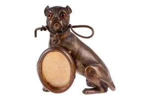 Bronze Figurine With Photo Frame Or Medallion Sitting Dog 2.5" Perfect Desk Gift - Picture 1 of 5